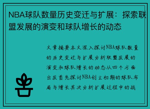 NBA球队数量历史变迁与扩展：探索联盟发展的演变和球队增长的动态